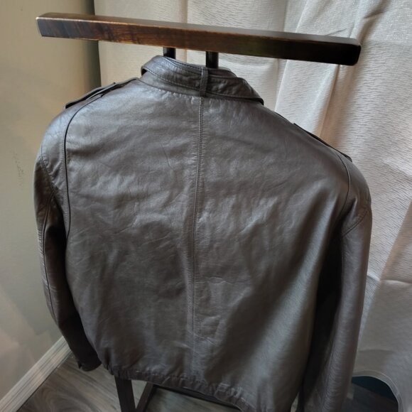 Vintage 1980’s Bomber Collarless Brown Leather Jacket - Picture 7 of 9